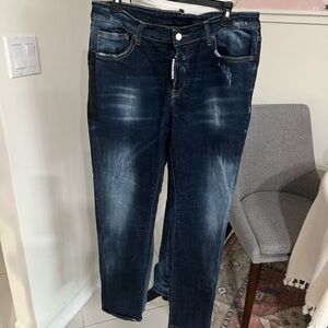 Dsquared2 Blue Denim Cotton Dark Wash Distressed 5-Pockets Straight Leg Jeans 52